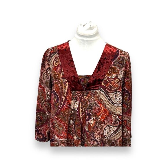 New Directions Paisley & Velvet Trim Tunic Top 1X Red/Multicolor Women's Boho Ch - Picture 6 of 7